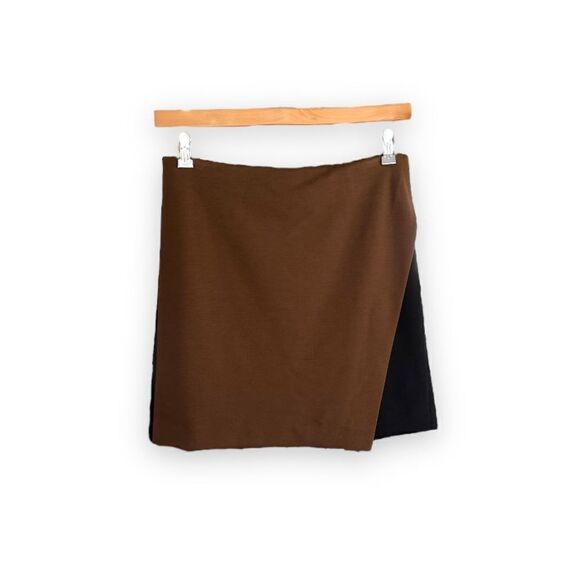 PREMISE | Asymmetrical Brown/Black Faux Wrap Mini Skirt (8) - Picture 1 of 4